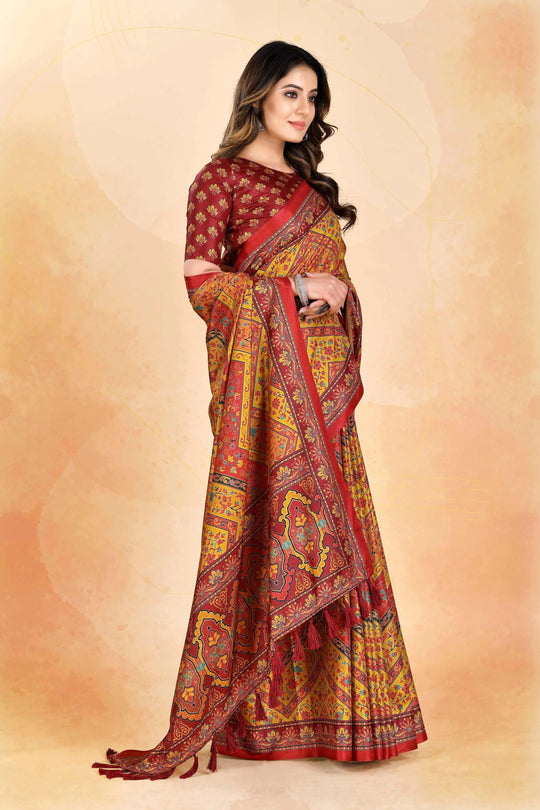 woman standing in Manipuri Printed Saree.