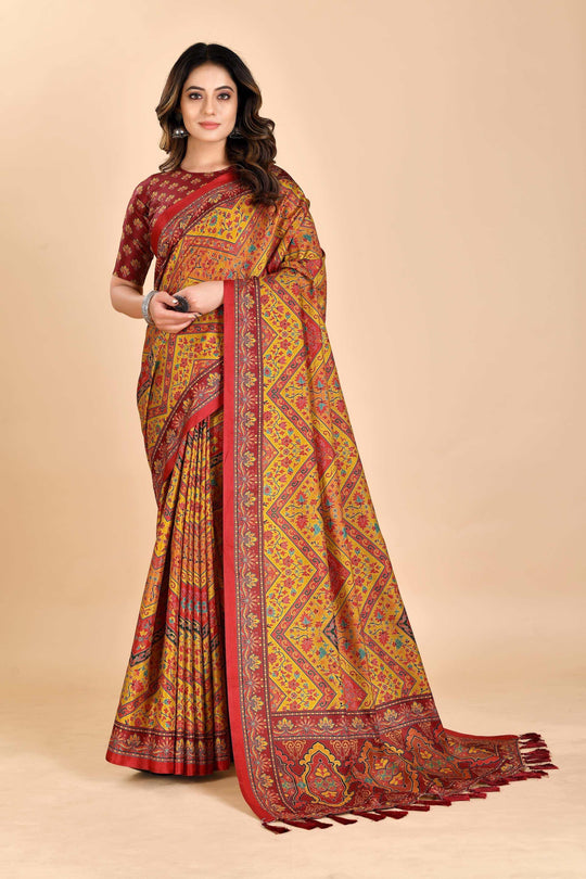 woman standing in Manipuri Printed Saree.