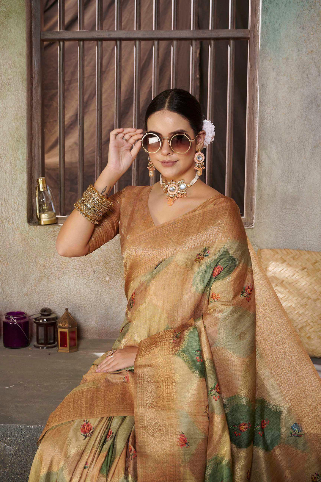 woman in gllases in Tusser Yellow Savannah Saree.