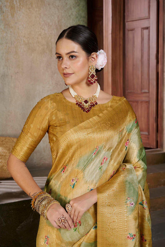 woman in Metallic Yellow Savannah Saree.