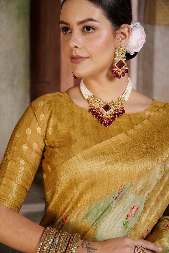 woman in Metallic Yellow Savannah Saree.