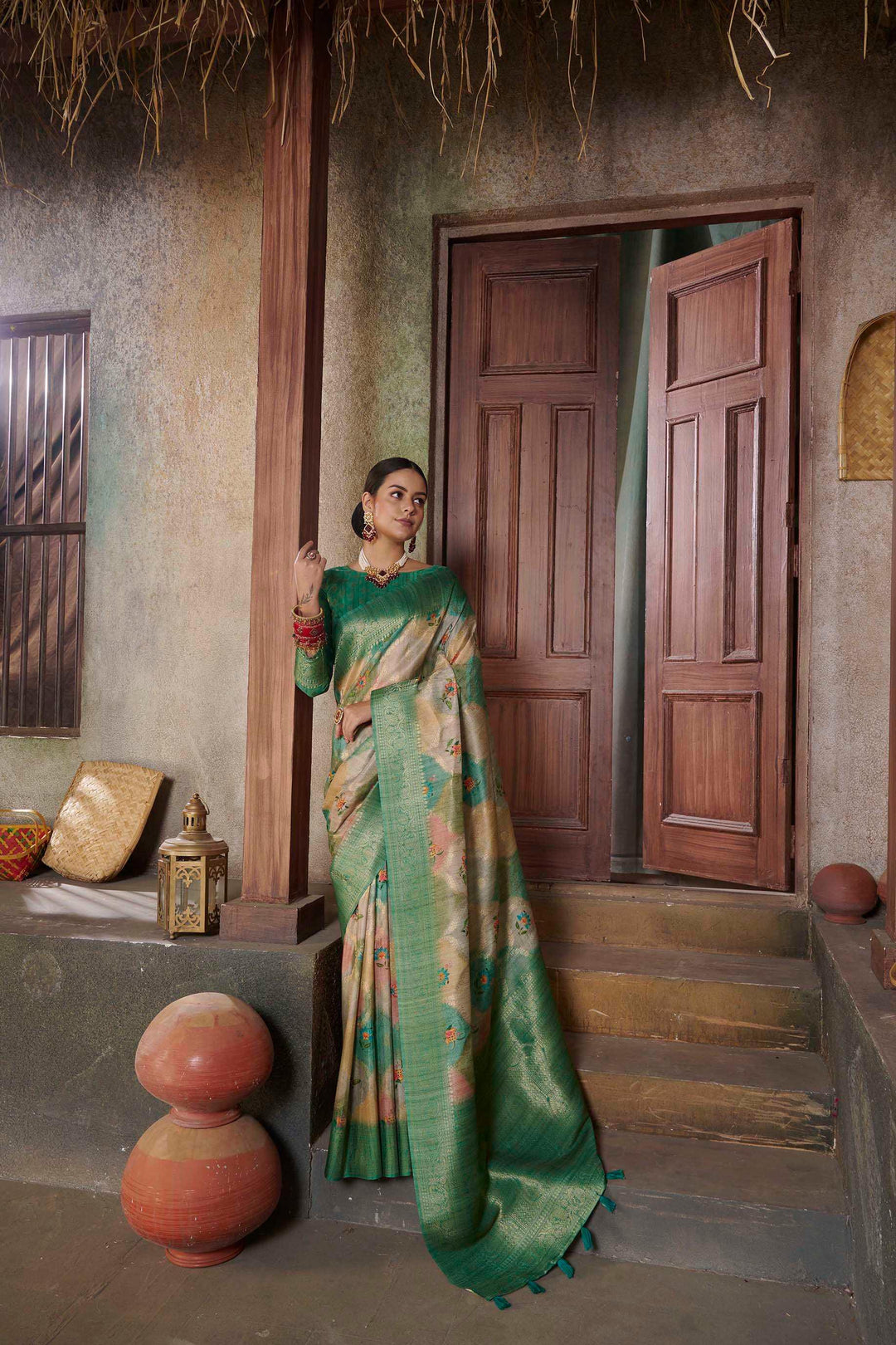 woman standing in Dark Slate Green Savannah Saree.