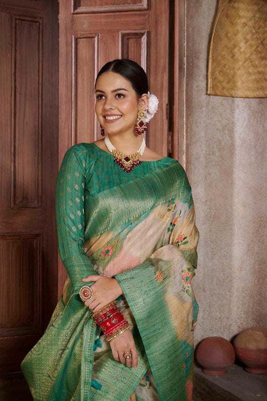 woman smiling in Dark Slate Green Savannah Saree.