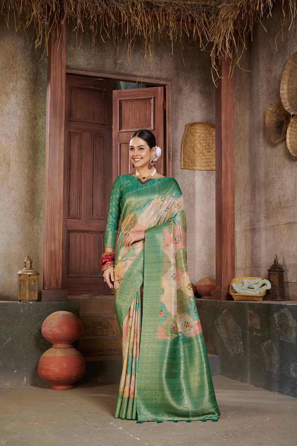 woman standing in Dark Slate Green Savannah Saree.