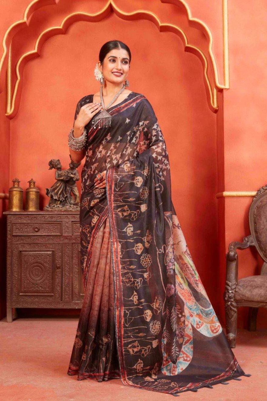 woman standing in Dark Brown Pichwai Chanderi Saree.