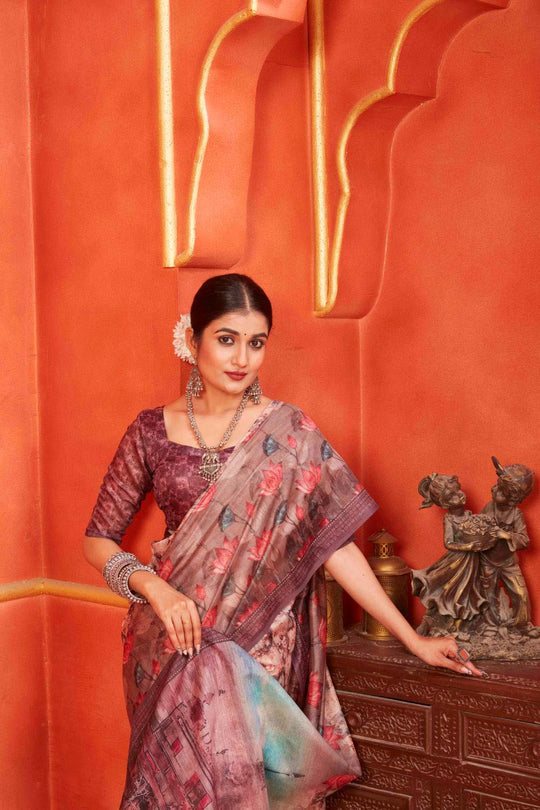 woman standing in Temple Pallu Pichwai Chanderi Saree.