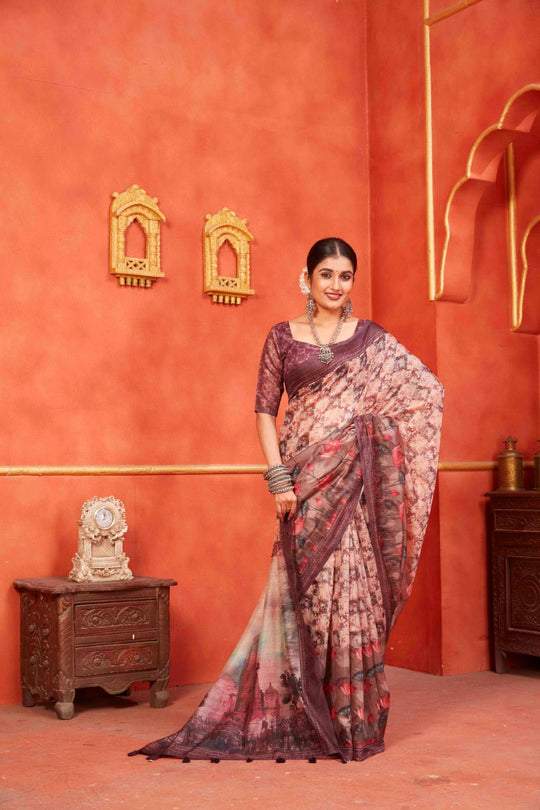 woman standing in Temple Pallu Pichwai Chanderi Saree.