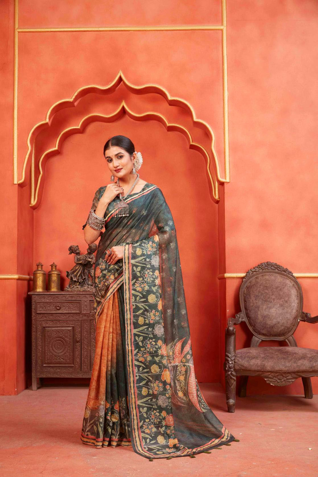 woman in Mehndi Green Designer Pichwai Chanderi Saree.