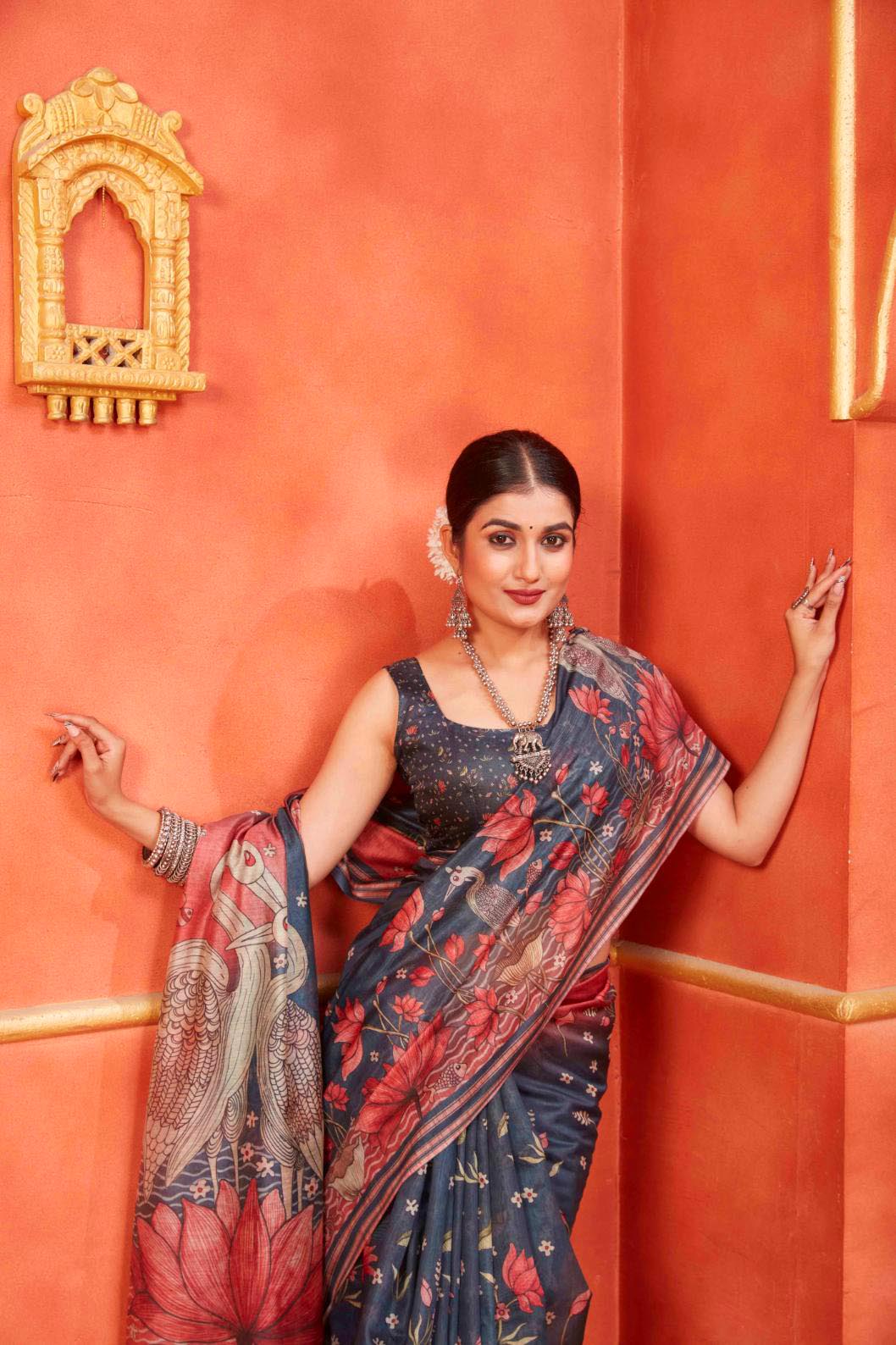 woman standing in Egret Pallu Designer Chanderi Saree.