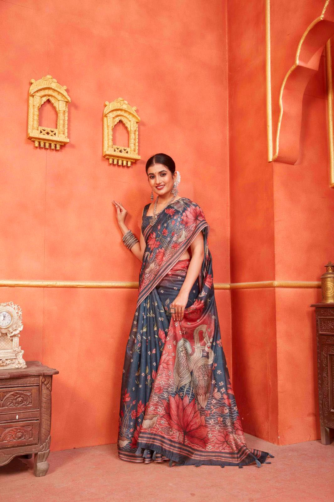 woman standing in Egret Pallu Designer Chanderi Saree.