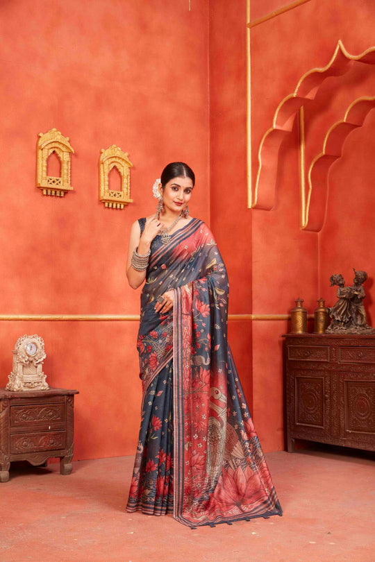 woman standing in Egret Pallu Designer Chanderi Saree.