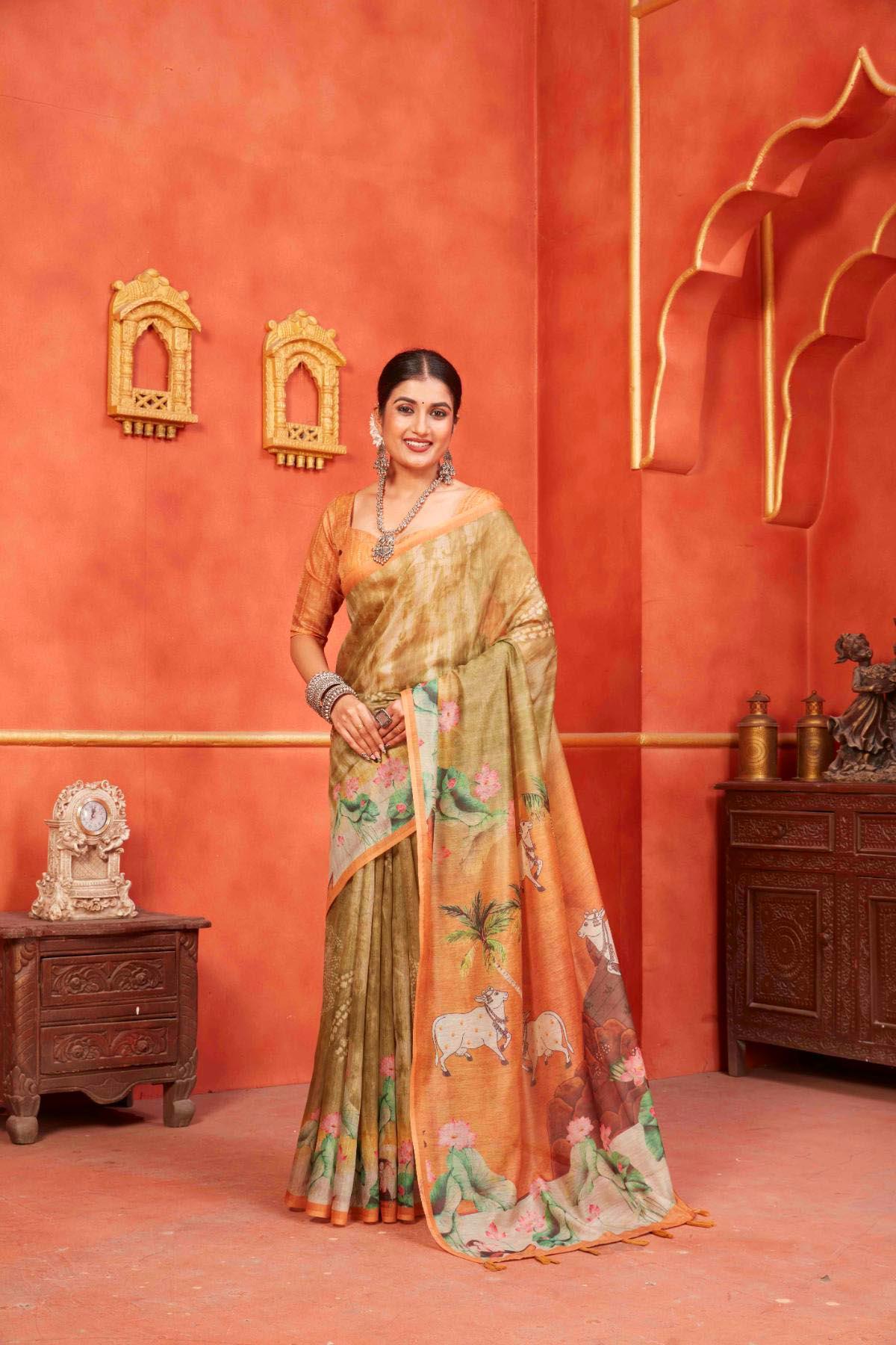 woman in Lotus & Cow Designer Pichwai Chanderi Saree.