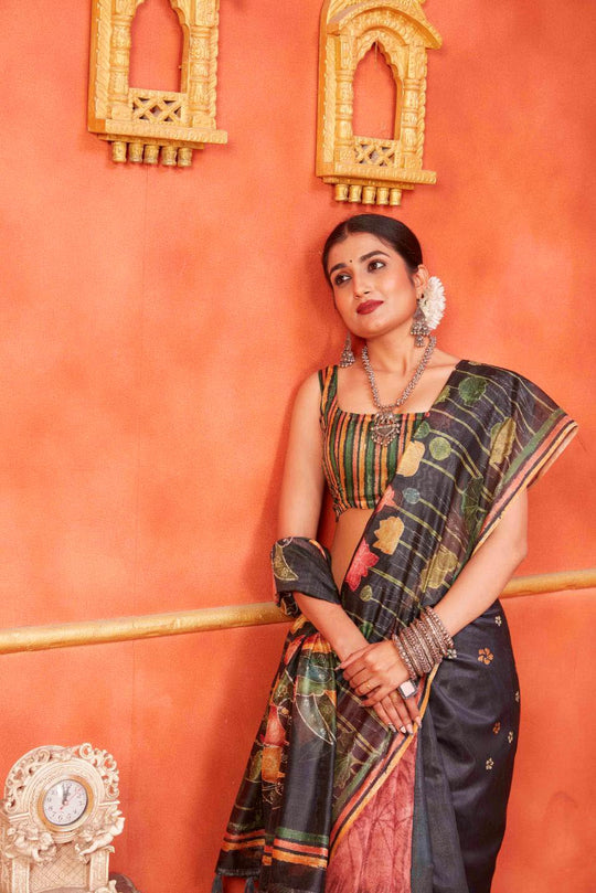 woman standing in Black Pichwai Chanderi Saree.