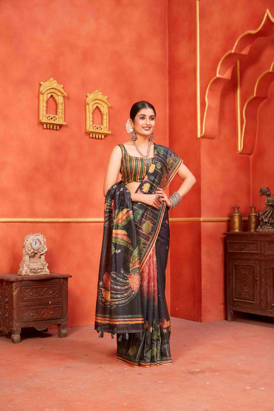 woman standing in Black Pichwai Chanderi Saree.