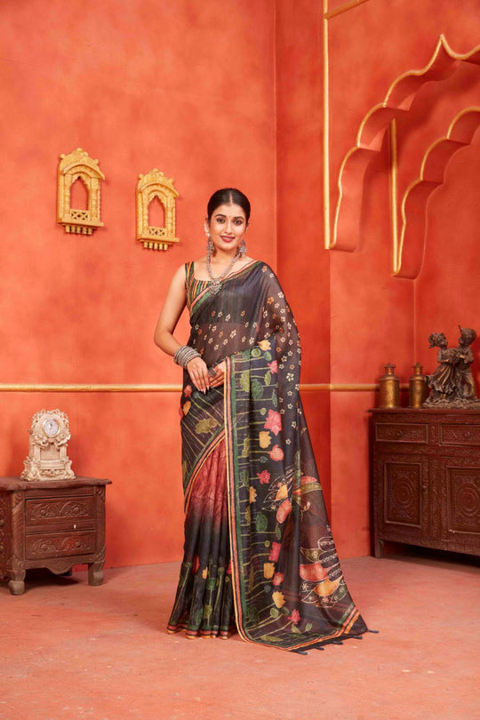 woman standing in Black Pichwai Chanderi Saree.