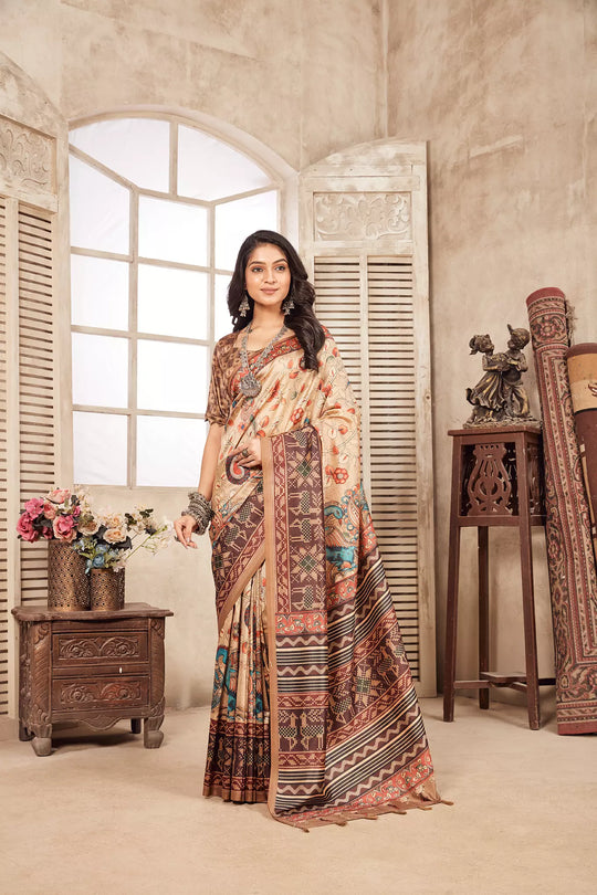 woman standing in Blue Peacock Kalamkari Diya Saree.