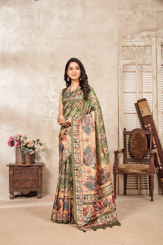 woman in Pastel Green Kalamkari Figer Diya Saree.