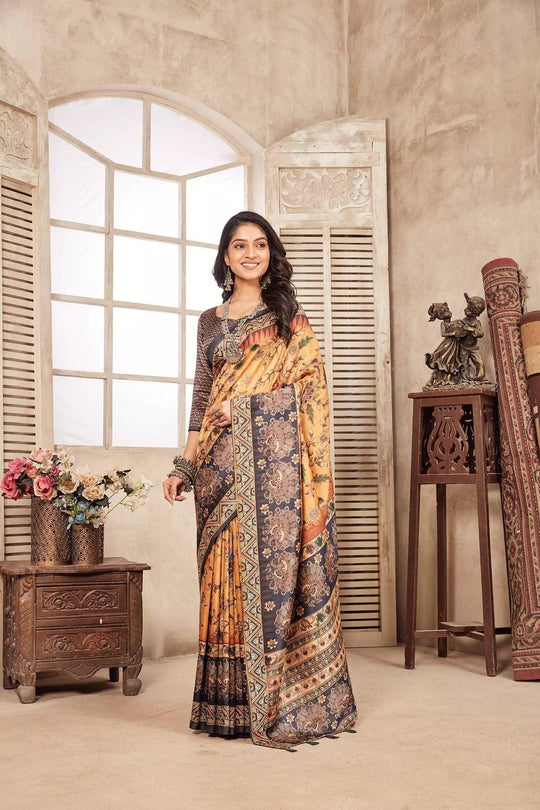 woman standing in Peacock Border Diya Saree.