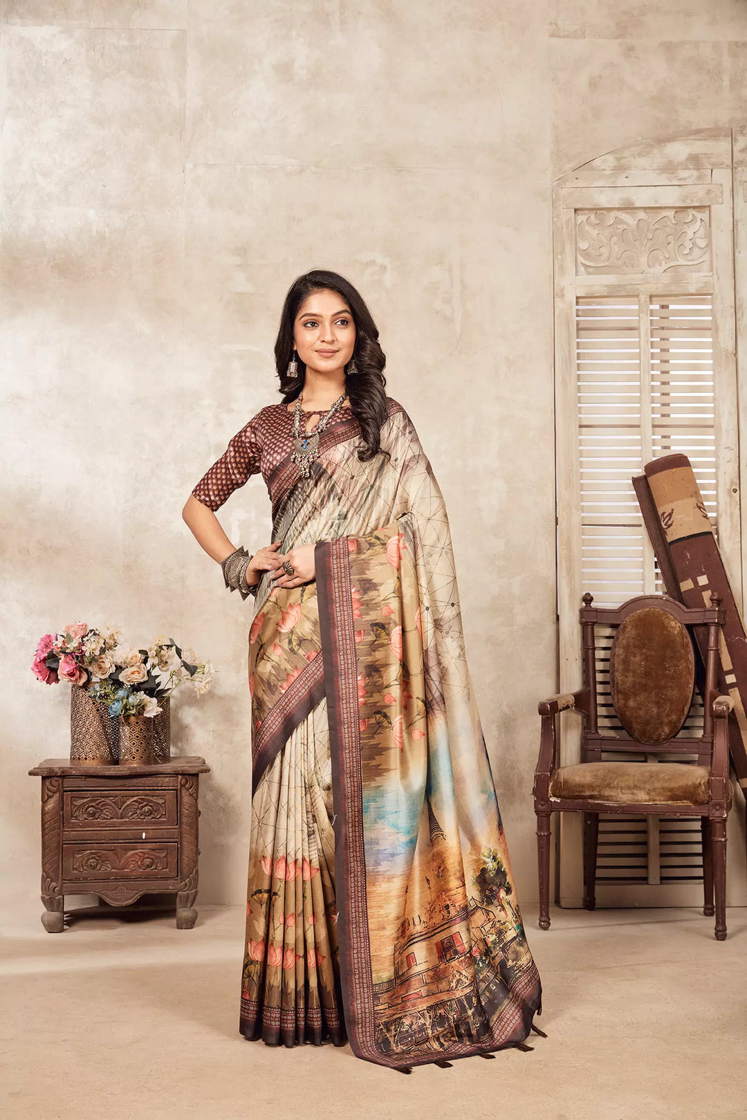 woman standing in Pichwai Temple Diya Saree.