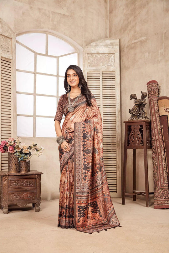 woman standing in Traditional Kalamkari Figer Diya Saree.