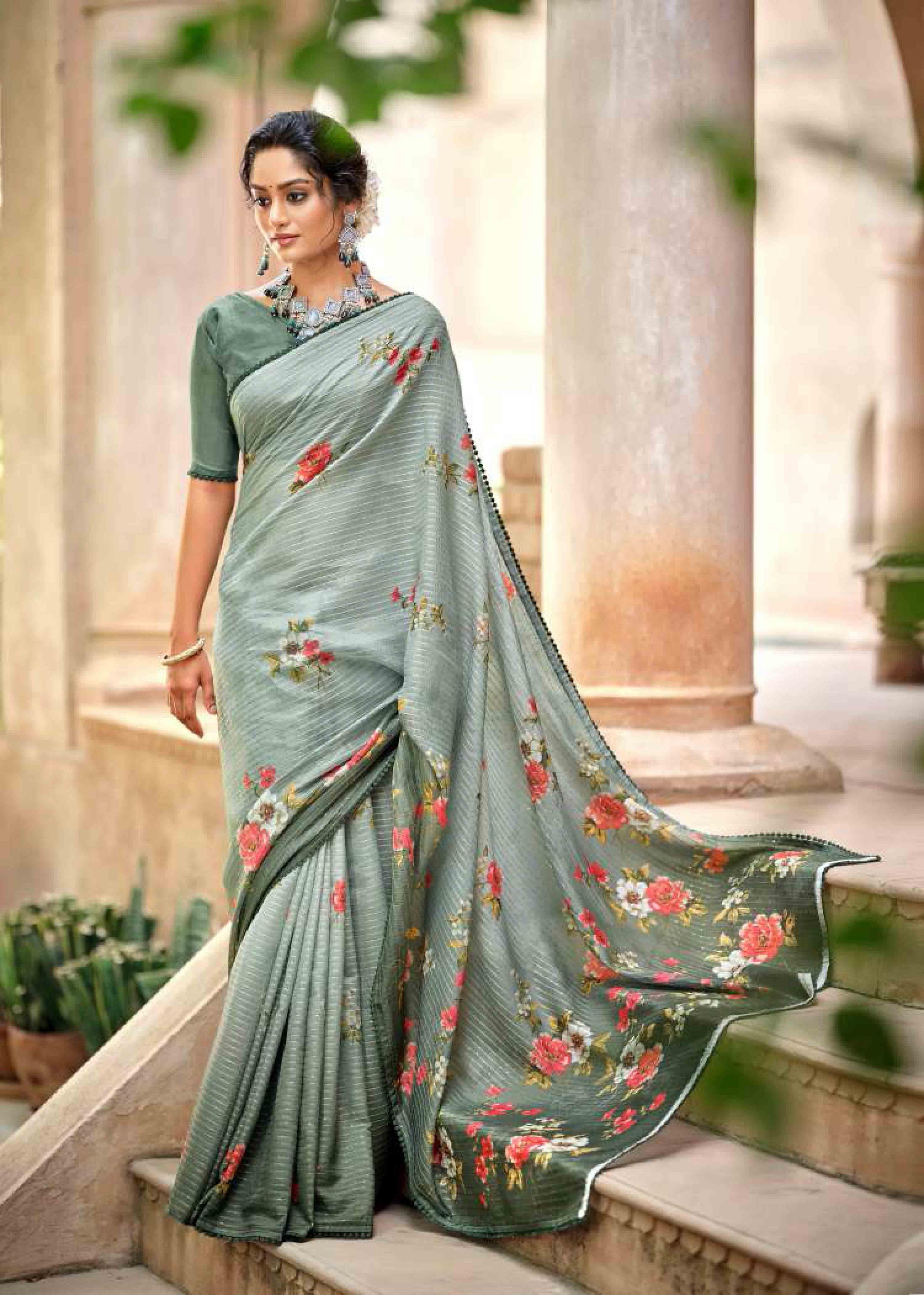 woman standing in grey-white Gradient Floral Crochet Saree