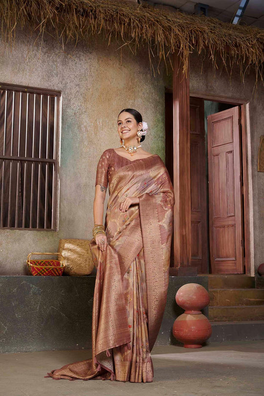 woman standing in Tusser Brown Savannah saree.