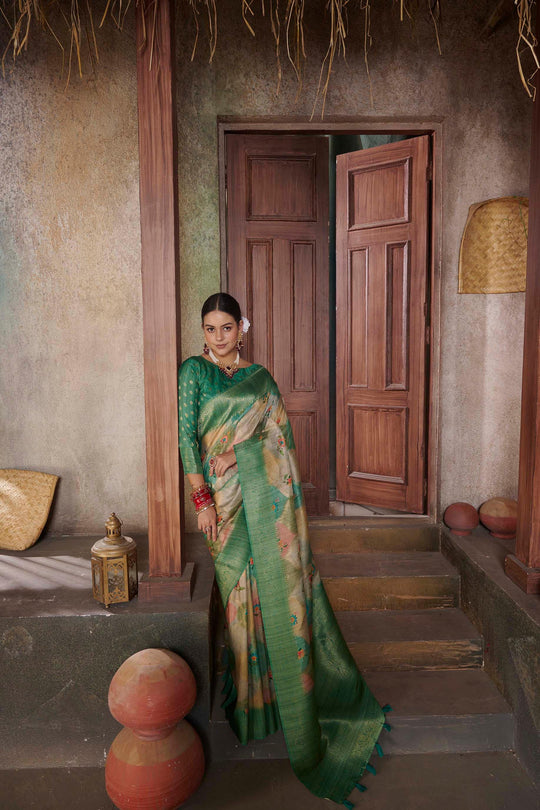 woman standing in Dark Slate Green Savannah Saree.