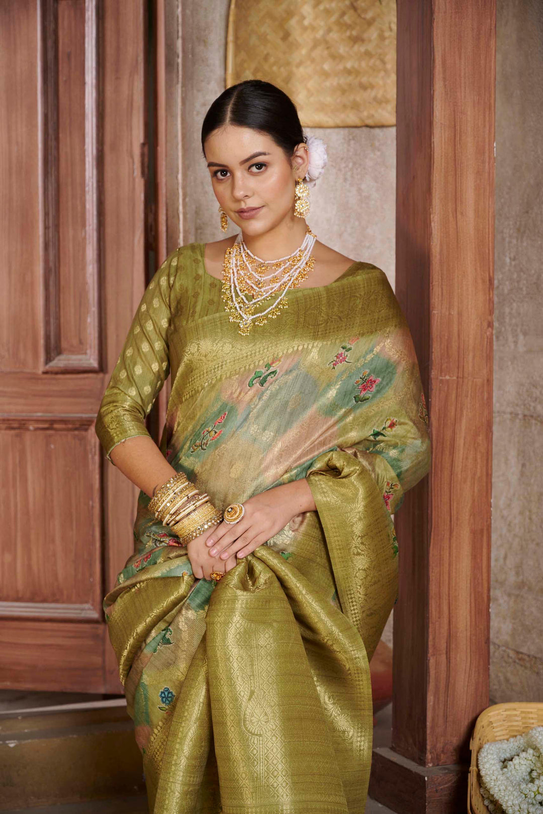 woman in Mehndi Savannah Saree.